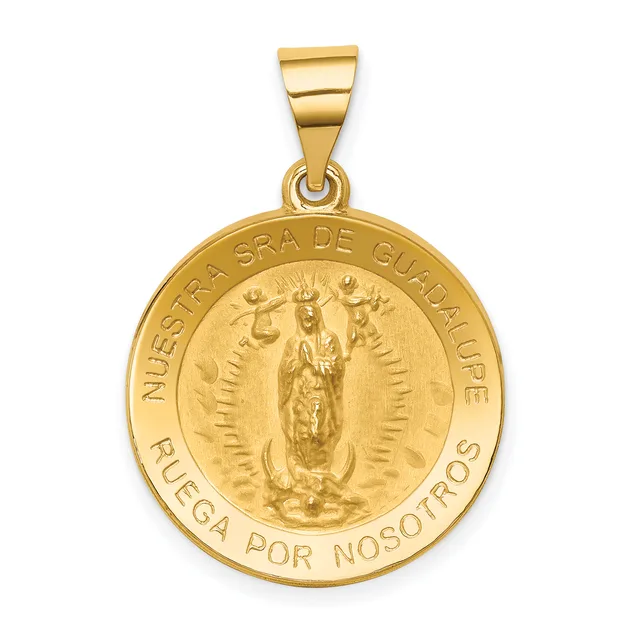 Gold circular pendant featuring a religious figure in the center surrounded by text around the rim, suspended from a rectangular gold bail.