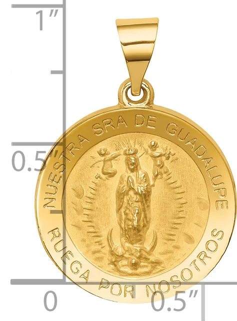 Gold pendant featuring a circular medal with an image of a robed figure in the center, surrounded by text around the rim, with a rectangular bail attached at the top.