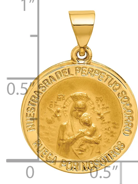 Gold circular religious medallion pendant with relief image of Madonna and child, surrounded by Latin text, shown with measurement scale.