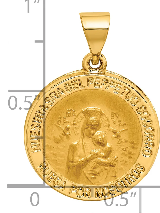Gold circular religious medallion pendant with relief image of Madonna and child, surrounded by Latin text, shown with measurement scale.