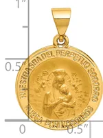 Gold circular religious medallion pendant with relief image of Madonna and child, surrounded by Latin text, shown with measurement scale.