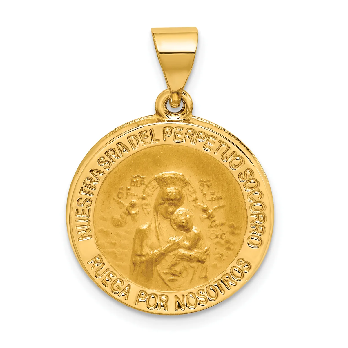 Gold-colored round pendant featuring a relief image of Madonna and child surrounded by text around the border, suspended from a rectangular bail.
