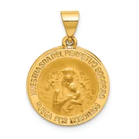 Gold-colored round pendant featuring a relief image of Madonna and child surrounded by text around the border, suspended from a rectangular bail.