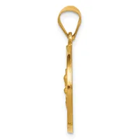 A gold-toned metal pendant charm with a loop at the top and a flat, tapered shaft, displayed against a white background.