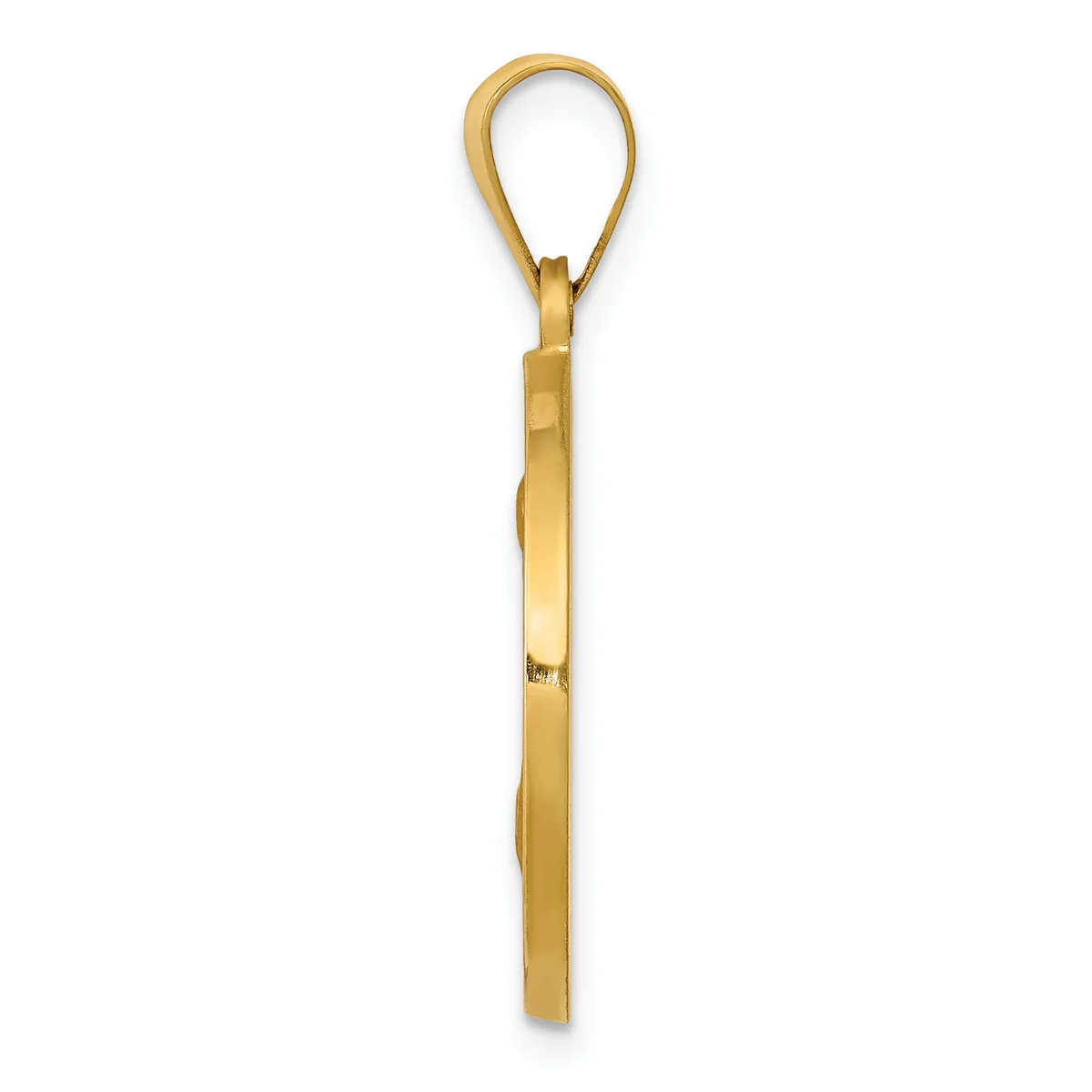 A polished gold pendant in the shape of a long rectangular strip with a loop at the top for hanging.
