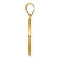 A polished gold pendant in the shape of a long rectangular strip with a loop at the top for hanging.