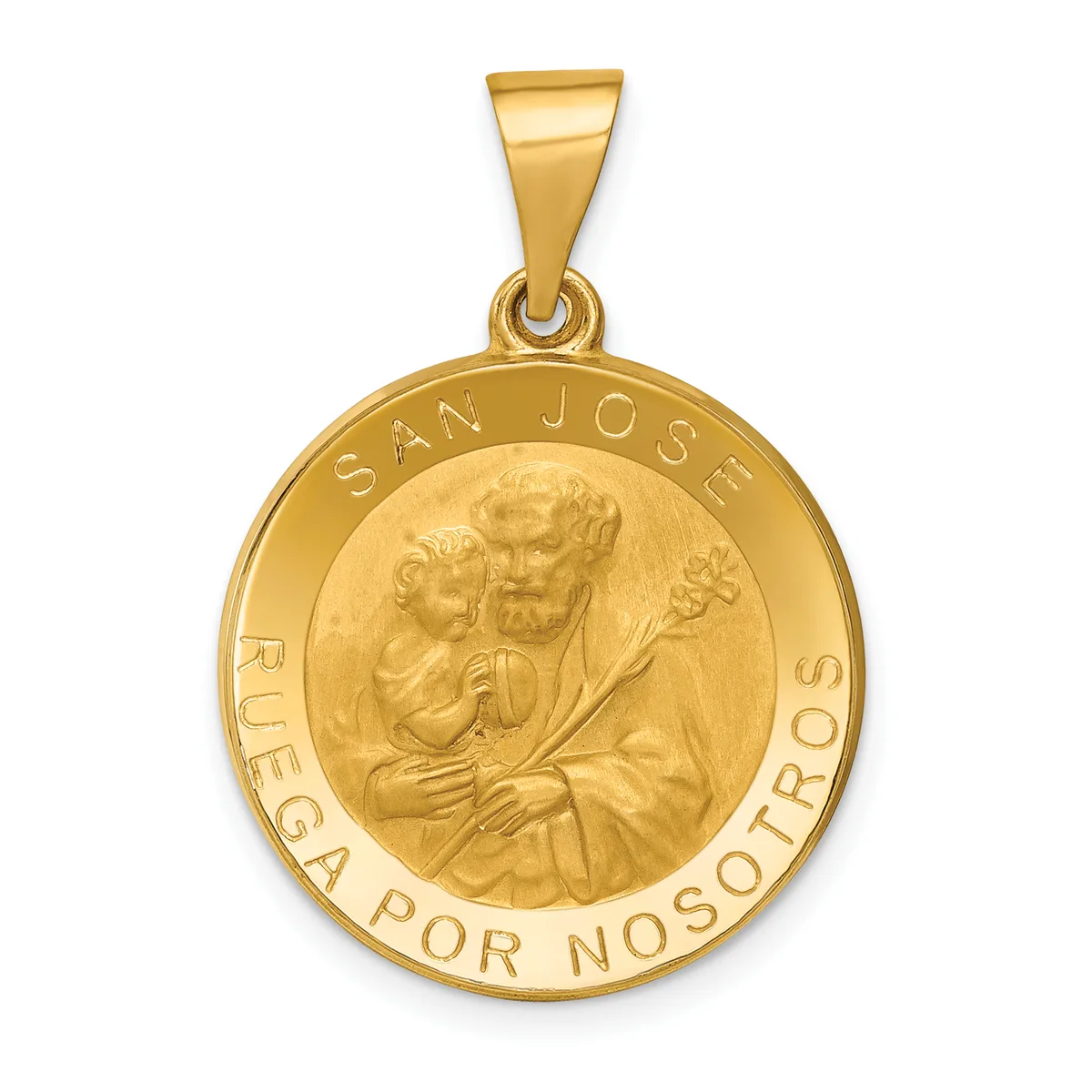 Gold circular pendant featuring Saint Joseph holding the Christ Child, with text around the rim reading "San Jose" and "Ruega Por Nosotros," suspended from a gold bail.