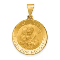 Gold circular pendant featuring Saint Joseph holding the Christ Child, with text around the rim reading "San Jose" and "Ruega Por Nosotros," suspended from a gold bail.