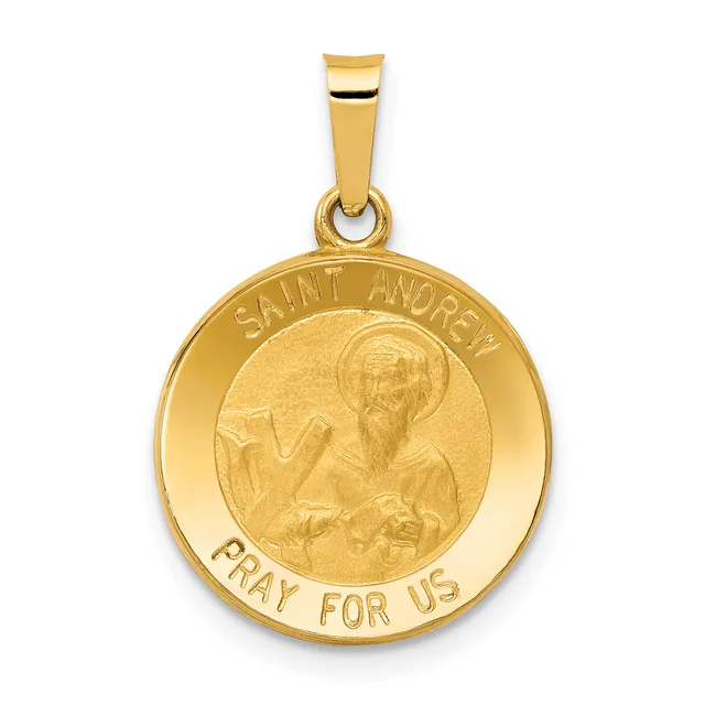 Gold round pendant with a relief image of Saint Andrew holding a cross, surrounded by text reading "SAINT ANDREW" and "PRAY FOR US," suspended from a rectangular gold bail.