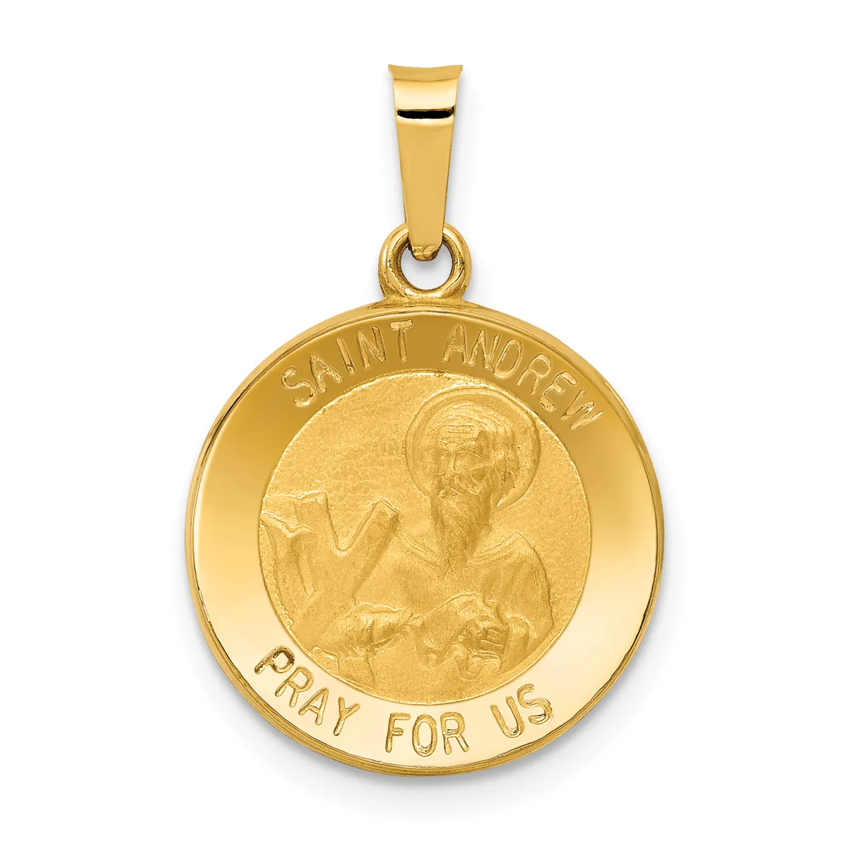 Gold round pendant with a relief image of Saint Andrew holding a cross, surrounded by text reading "SAINT ANDREW" and "PRAY FOR US," suspended from a rectangular gold bail.