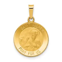 Gold round pendant with a relief image of Saint Andrew holding a cross, surrounded by text reading "SAINT ANDREW" and "PRAY FOR US," suspended from a rectangular gold bail.