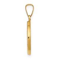 A vertical gold pendant with a teardrop-shaped loop at the top and an elongated rectangular body with a small hallmark, shown against a white background.