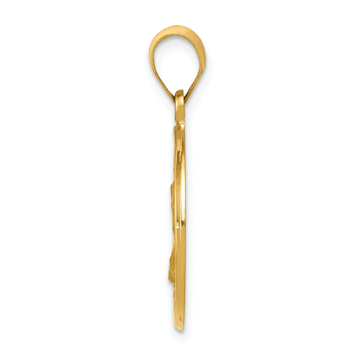 A gold-colored elongated pendant with a teardrop-shaped loop at the top and a thin pointed shaft extending downward, shown against a white background.