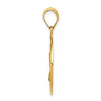 A gold-colored elongated pendant with a teardrop-shaped loop at the top and a thin pointed shaft extending downward, shown against a white background.