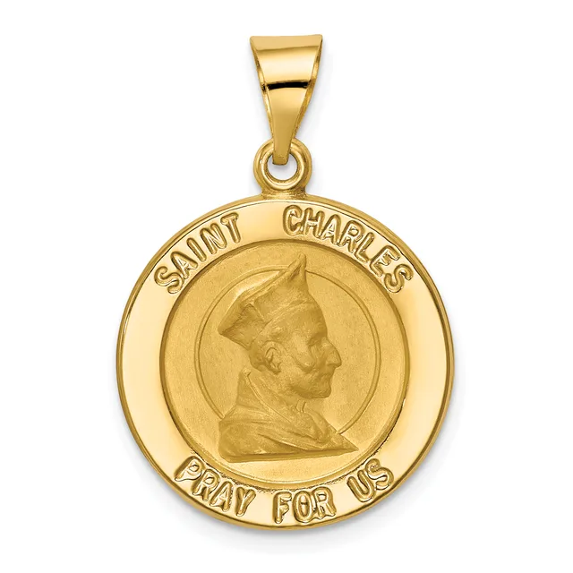 Gold circular pendant featuring a profile portrait of a man wearing a pointed hat, with "Saint Charles" inscribed at the top and "Pray for us" at the bottom.