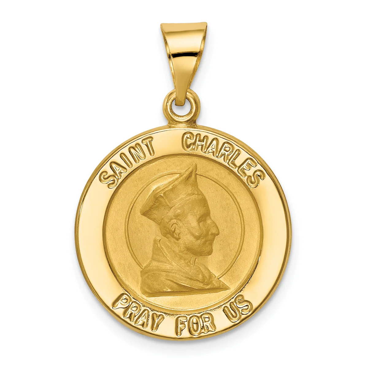 Gold circular pendant featuring a profile portrait of a man wearing a pointed hat, with "Saint Charles" inscribed at the top and "Pray for us" at the bottom.