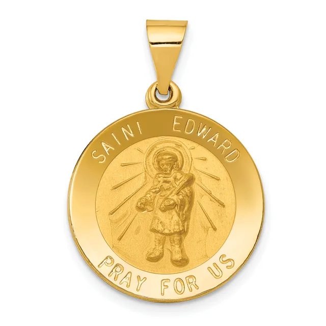 Gold circular pendant depicting Saint Edward holding a child, with radiating lines around the figure and text around the outer edge, suspended from a gold bail.