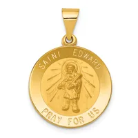 Gold circular pendant depicting Saint Edward holding a child, with radiating lines around the figure and text around the outer edge, suspended from a gold bail.