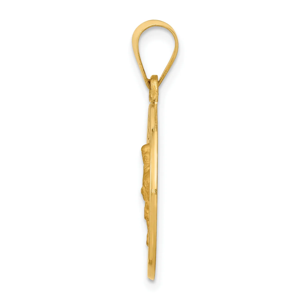 A long, slender gold pendant with a decorative loop at the top and textured details along the shaft, shown against a white background.