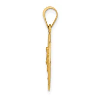 A long, slender gold pendant with a decorative loop at the top and textured details along the shaft, shown against a white background.