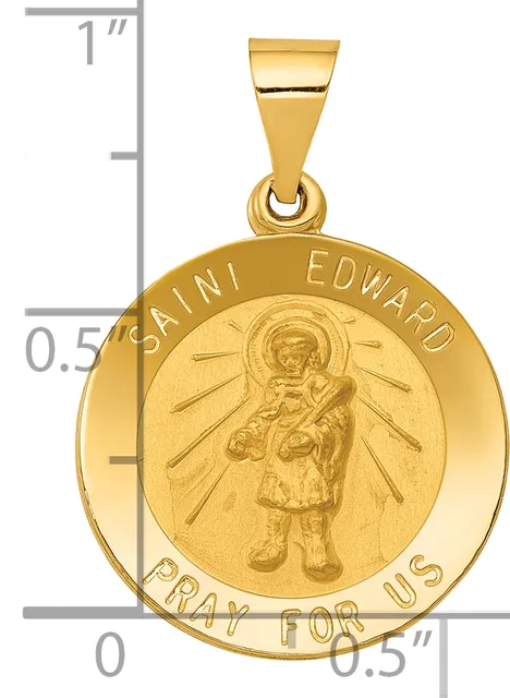 Gold-colored round medal pendant with Saint Edward holding a child, surrounded by radiating lines, with text around the border and a small hallmark, shown next to a ruler for scale.
