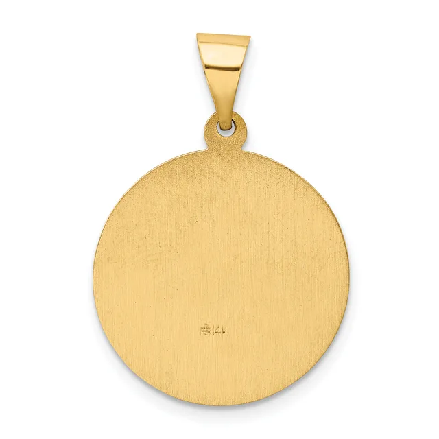 A round gold pendant with a brushed finish and small stamped hallmark, suspended from a polished gold bail.