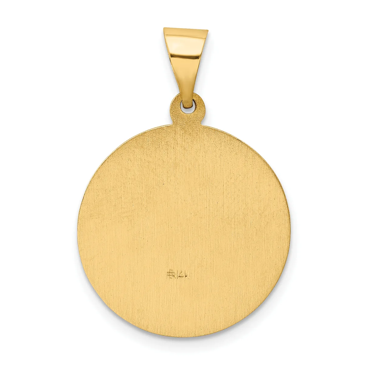 A round gold pendant with a brushed finish and small stamped hallmark, suspended from a polished gold bail.