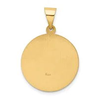 A round gold pendant with a brushed finish and small stamped hallmark, suspended from a polished gold bail.