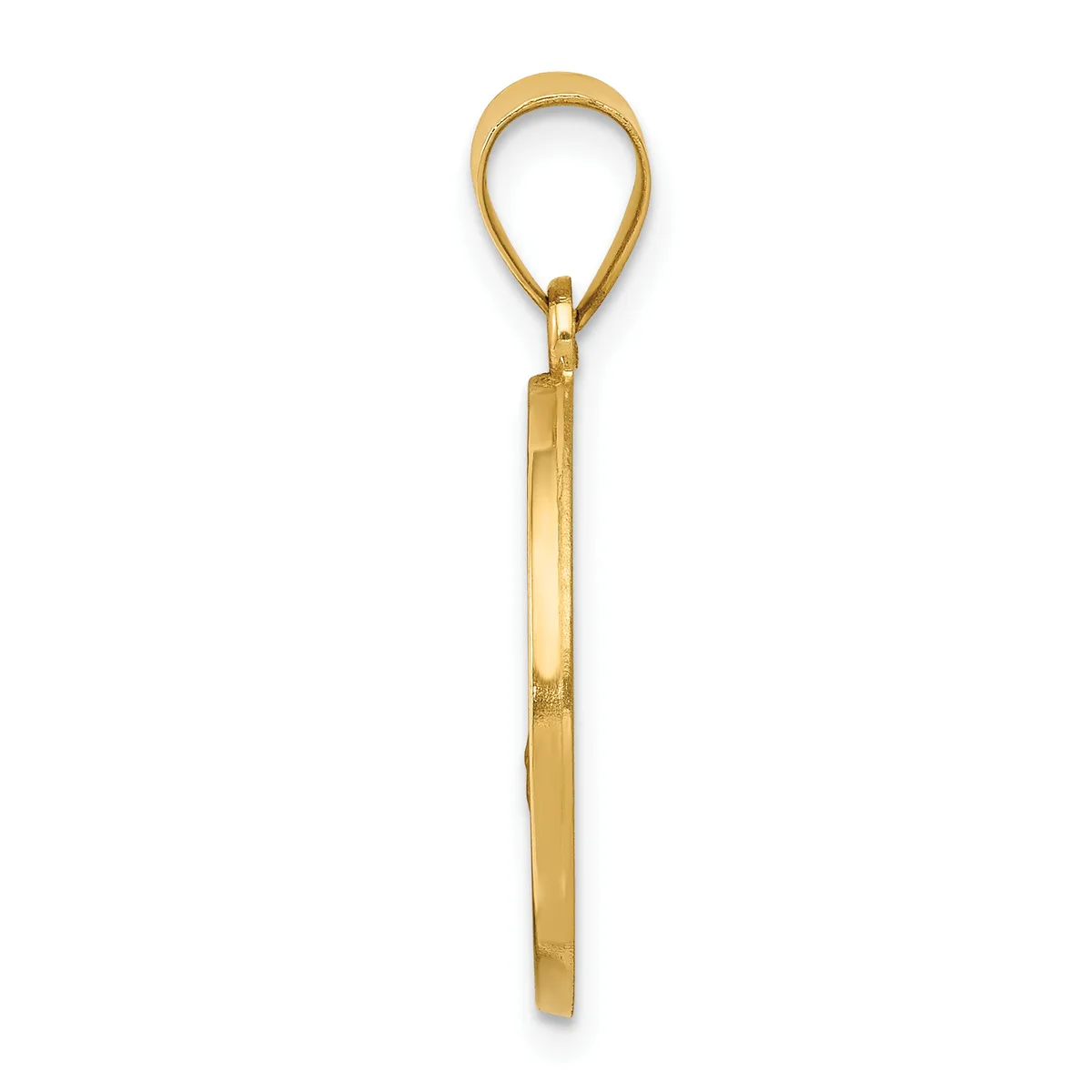 A gold-toned metal loop pendant with a long rectangular stem and small hallmark, shown against a white background.