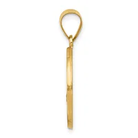 A gold-toned metal loop pendant with a long rectangular stem and small hallmark, shown against a white background.