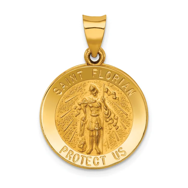 Gold-colored round pendant featuring Saint Florian in the center with "Saint Florian" and "Protect Us" inscribed around the rim, attached to a gold bail.