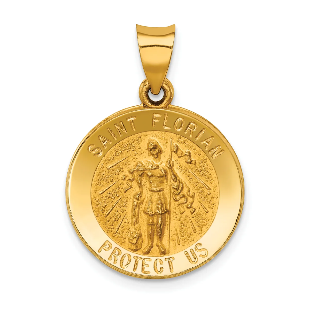 Gold-colored round pendant featuring Saint Florian in the center with "Saint Florian" and "Protect Us" inscribed around the rim, attached to a gold bail.