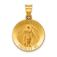 Gold-colored round pendant featuring Saint Florian in the center with "Saint Florian" and "Protect Us" inscribed around the rim, attached to a gold bail.