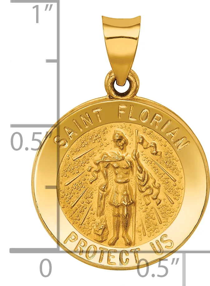 Gold pendant featuring Saint Florian standing with a spear, surrounded by text reading "Saint Florian Protect Us," displayed against a measurement scale.