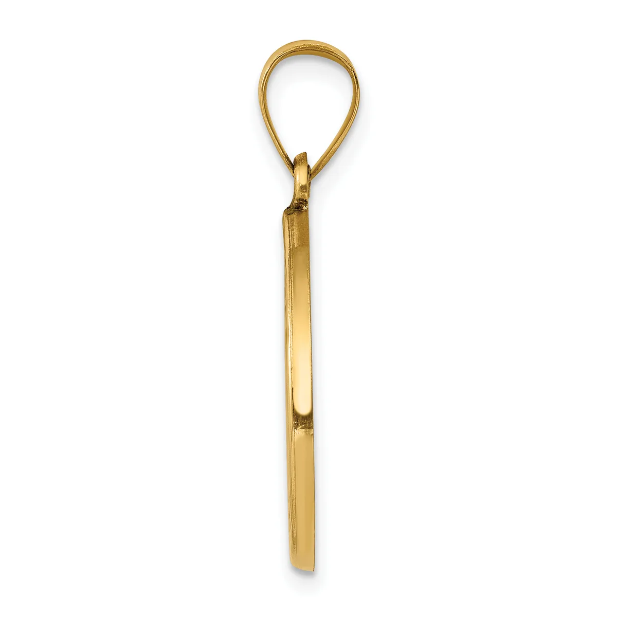 A polished gold teardrop-shaped pendant with a long rectangular stem, displayed against a white background.