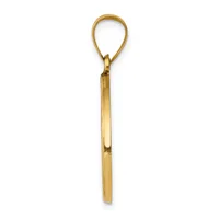 A polished gold teardrop-shaped pendant with a long rectangular stem, displayed against a white background.
