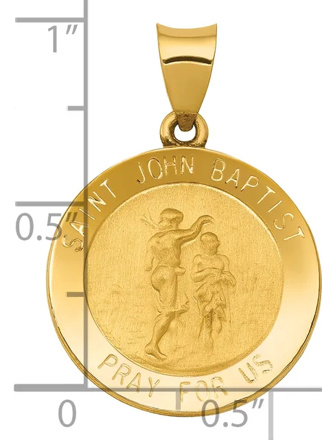 Gold round pendant featuring Saint John the Baptist carrying a child, suspended from a bail, shown next to a ruler indicating approximately one inch in height.
