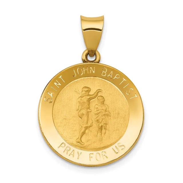 Gold circular pendant with a relief image of Saint John the Baptist holding a child, surrounded by text reading "SAINT JOHN BAPTIST" and "PRAY FOR US," suspended from a gold bail.