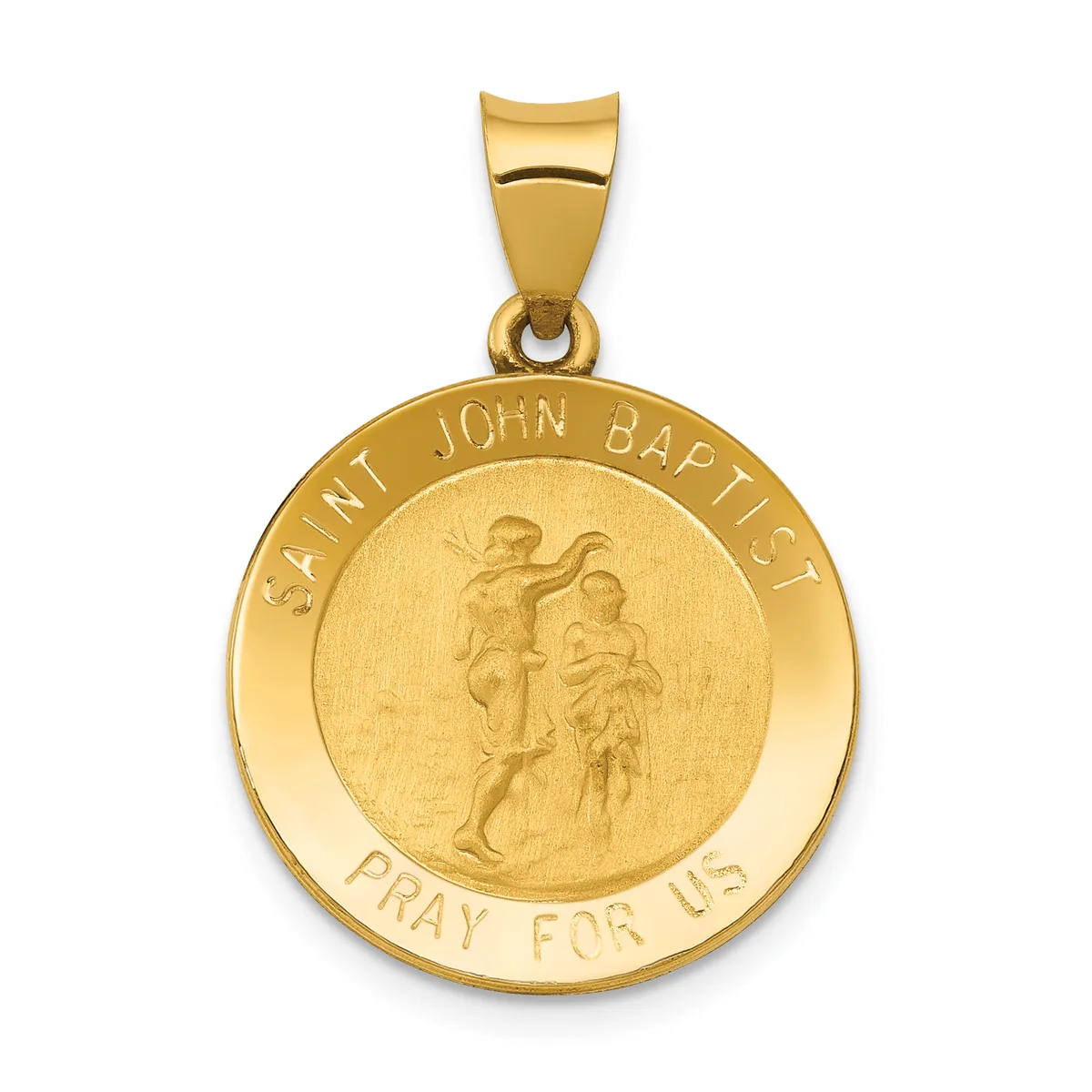 Gold circular pendant with a relief image of Saint John the Baptist holding a child, surrounded by text reading "SAINT JOHN BAPTIST" and "PRAY FOR US," suspended from a gold bail.
