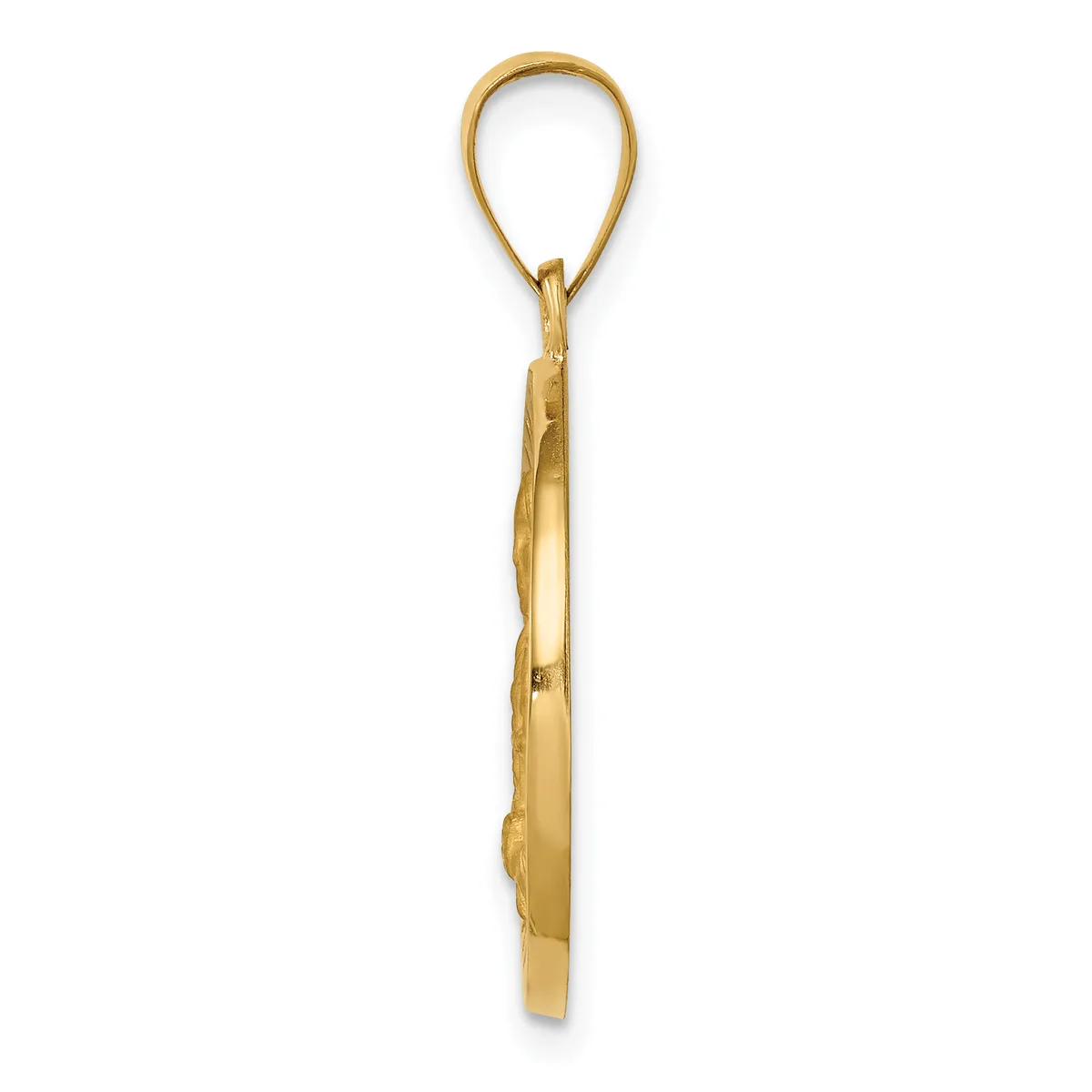 A gold-toned pendant with an oval loop at the top and a textured rectangular body hanging vertically against a white background.