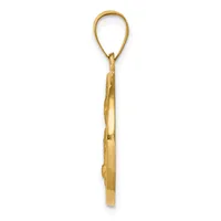 A gold-toned pendant with an oval loop at the top and a textured rectangular body hanging vertically against a white background.