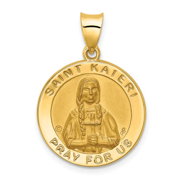 Gold circular pendant featuring Saint Kateri in relief with "Saint Kateri" inscribed at top and "Pray For Us" at bottom, suspended from a gold bail.