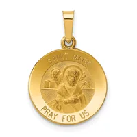 Round gold pendant featuring Saint Mark with a lion, inscribed "Saint Mark" at top and "Pray for Us" at bottom, suspended from a rectangular gold bail.