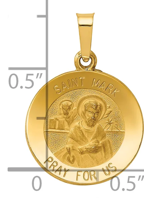 Gold-colored round religious medal pendant with Saint Mark and a lion, suspended from a bale, shown at actual size with measurement scale.