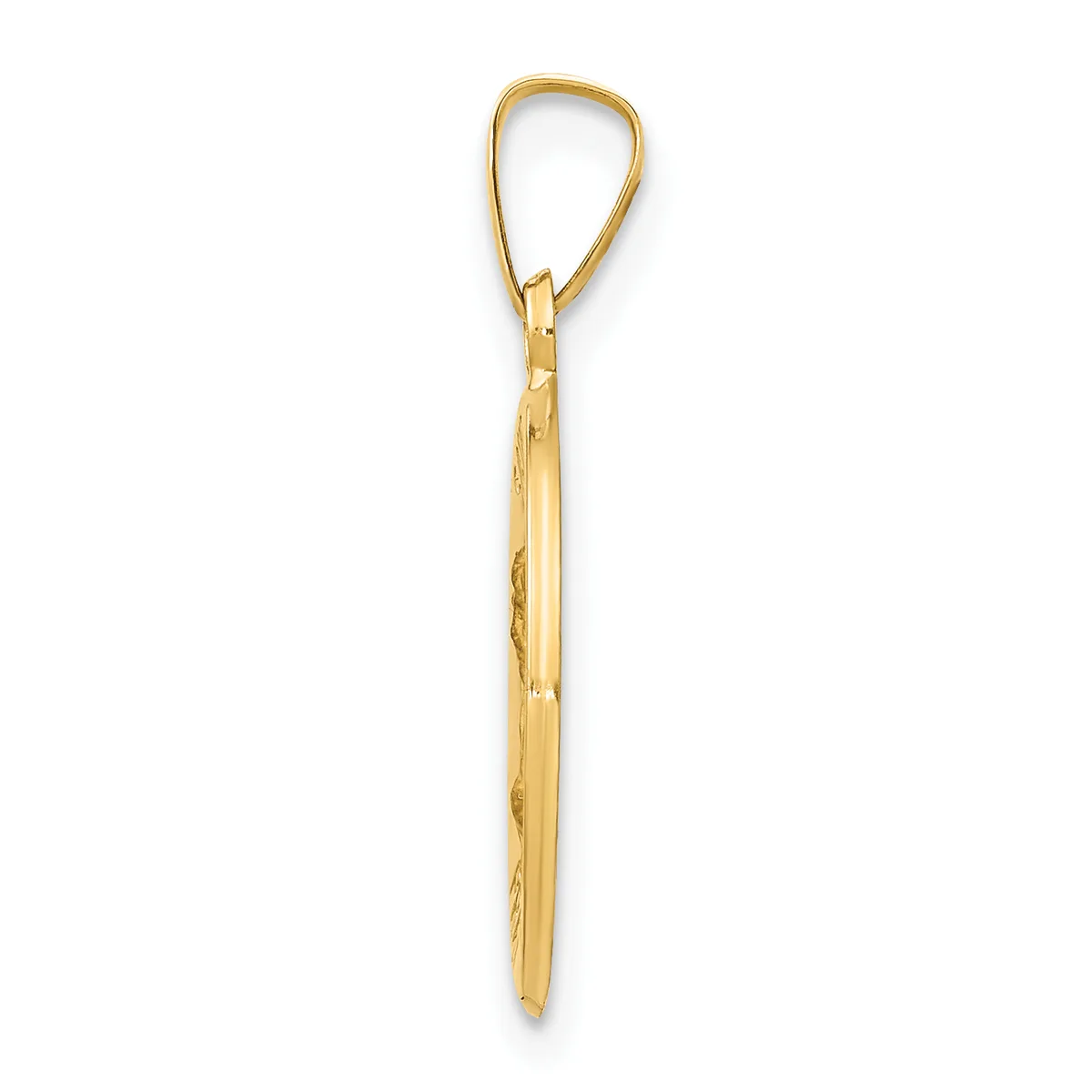 A long, thin gold pendant with a teardrop-shaped loop at the top and decorative etched lines running down the shaft.