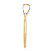 A long, thin gold pendant with a teardrop-shaped loop at the top and decorative etched lines running down the shaft.