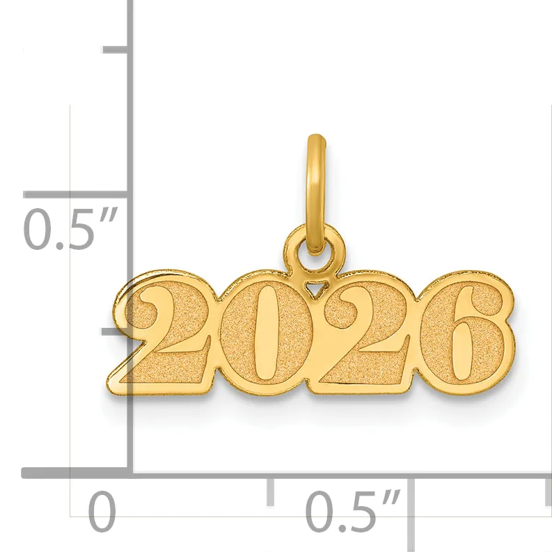 Gold pendant shaped like the year 2026 with a small attached loop at the top, shown next to a measurement scale indicating its size as approximately 0.5 inches tall and wide.