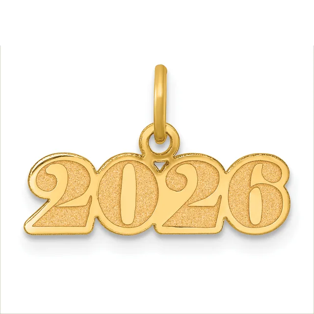 A gold pendant displaying the year 2028 in large numerals with a polished finish and an attached bail loop.