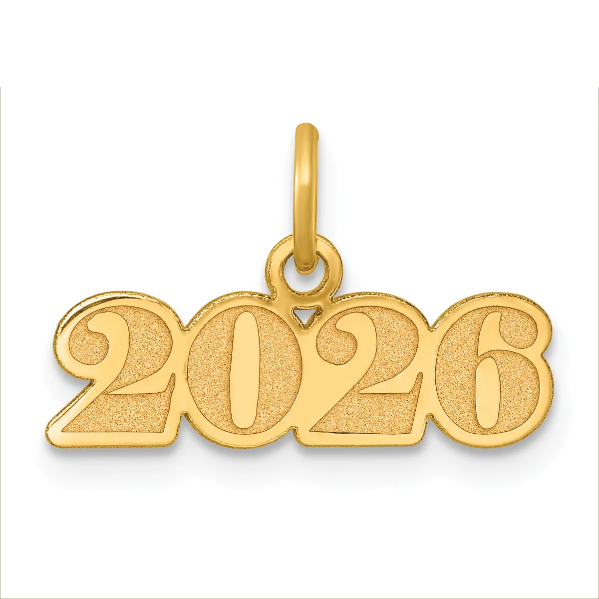 A gold pendant displaying the year 2028 in large numerals with a polished finish and an attached bail loop.