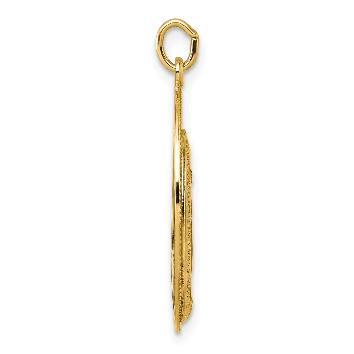 A long, thin gold pendant with textured surface detail and a loop at the top for attachment to a chain or cord.